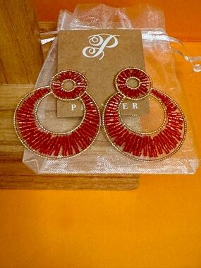 Plunder Harmony Double Hoop Earrings Red Glass Beads Plunder Design New + Pouch